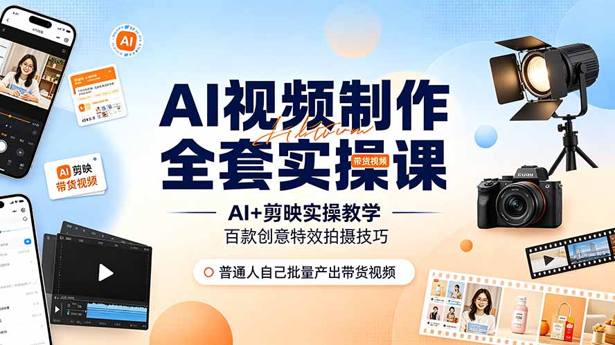 AI视频制作全套实操课,多款AI工具搭配剪映教学,百种特效运镜拍摄实操,抖音账号带货运营全覆盖-资源社
