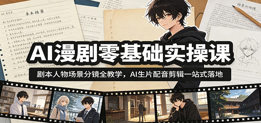 AI漫剧零基础实操课：剧本人物场景分镜全教学，AI生片配音剪辑一站式落地-资源社