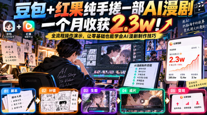 豆包+红果纯手搓一部AI漫剧一个月收获2.3w！全流程操作演示，让零基础也能学会AI漫剧制作技巧-资源社