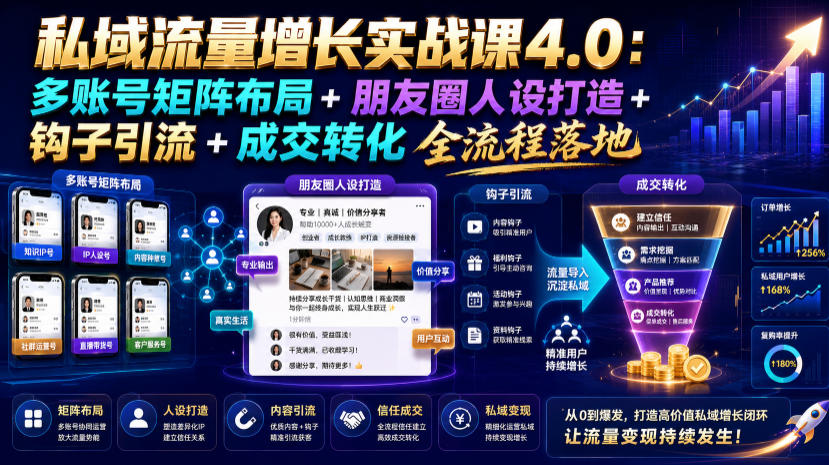 私域流量增长实战课4.0：多账号矩阵布局+朋友圈人设打造+钩子引流+成交转化全流程落地-资源社