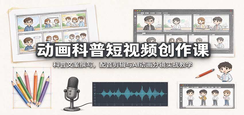 动画科普短视频创作课：科普文案撰写，配音剪辑与AI动画分镜实战教学-资源社