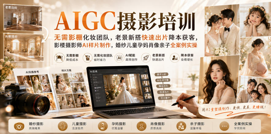 AIGC摄影培训|无需影棚化妆团队,老景新搭快速出片降本获客,影楼摄影师AI样片制作,婚纱儿童孕妈肖像亲子全案例实操-资源社