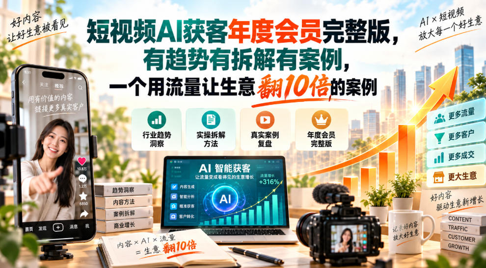 短视频AI获客年度会员完整版，有趋势有拆解有案例，一个用流量让生意翻10倍的案例-资源社
