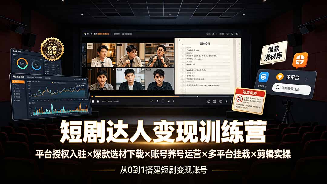 短剧达人变现训练营：平台授权入驻×爆款选材下载×账号养号运营×多平台挂载×剪辑实操×违规处理全流程-资源社