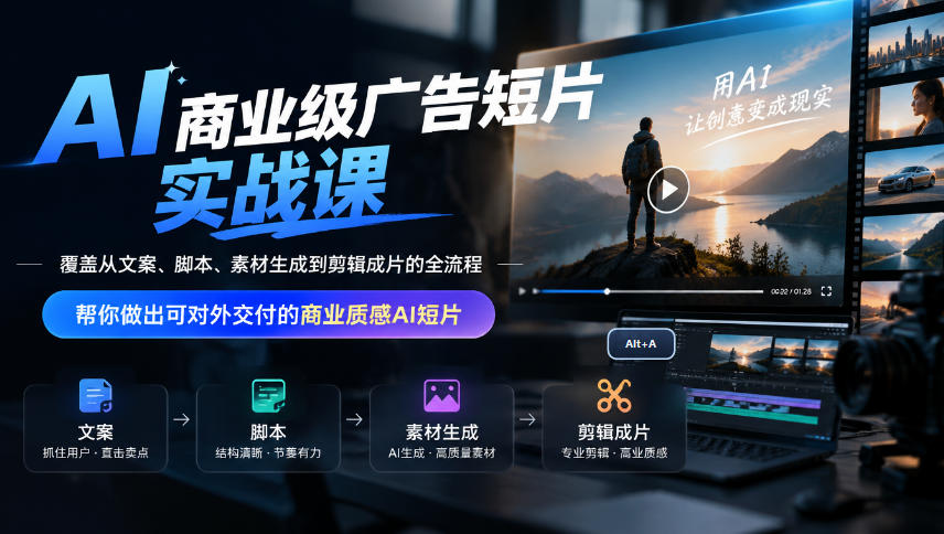 AI商业级广告短片实战课，覆盖从文案、脚本、素材生成到剪辑成片的全流程，帮你做出可对外交付的商业质感AI短片-资源社