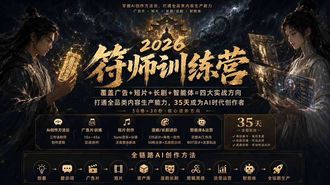 符师训练营-35天成为AI时代创作者，广告+短片+漫剧+智能体四大实战方向，掌握从创意到上线的完整工作流-资源社