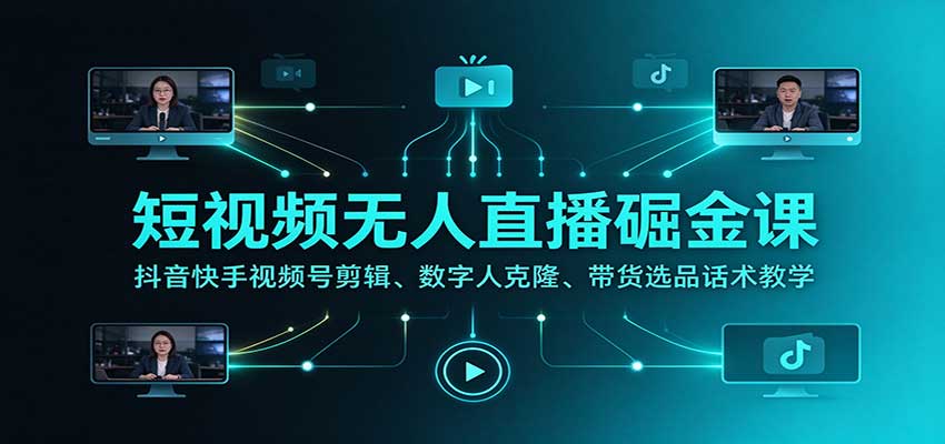短视频无人直播掘金课:抖音快手视频号剪辑、数字人克隆、带货选品话术教学-资源社