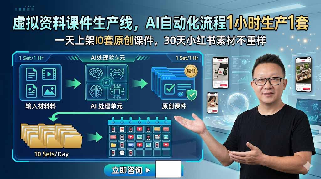 虚拟资料课件生产线，AI自动化流程1小时生产1套，一天上架10套原创课件，30天小红书素材不重样-资源社