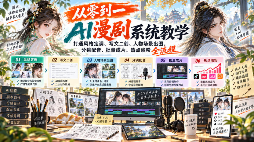 从零到一AI漫剧系统教学，打通风格定调、写文二创、人物场景出图、分镜配音、批量成片、热点涨粉全流程-资源社