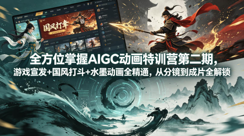 全方位掌握AIGC动画特训营第二期，游戏宣发+国风打斗+水墨动画全精通，从分镜到成片全解锁-资源社