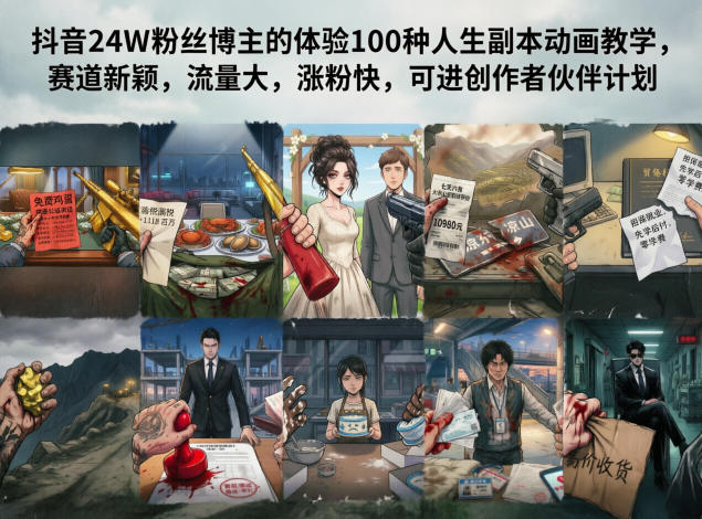 抖音24W粉丝博主的体验100种人生副本动画教学,赛道新颖,流量大,涨粉快,可进创作者伙伴计划-资源社