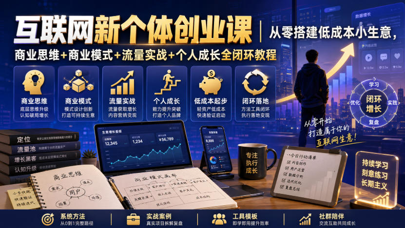 互联网新个体创业课|从零搭建低成本小生意,商业思维+商业模式+流量实战+个人成长全闭环教程-资源社