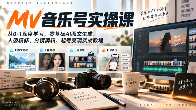 AI MV音乐号实操课，从0-1深度学习，零基础AI图文生成、人像精修、分镜剪辑、起号变现实战教程-资源社