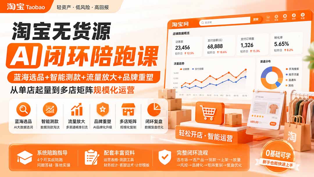 淘宝无货源AI闭环陪跑课:蓝海选品+智能测款+流量放大+品牌重塑,从单店起量到多店矩阵规模化运营-资源社