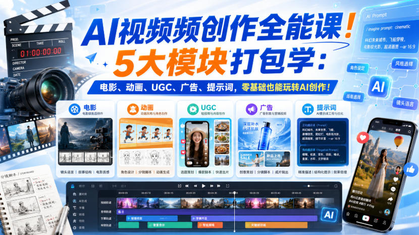 AI视频频创作全能课!5大模块打包学:电影、动画、UGC、广告、提示词,零基础也能玩转AI创作!【原创双语字幕】-资源社