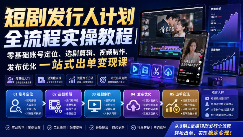 短剧发行人计划全流程实操教程｜零基础账号定位、选剧剪辑、视频制作、发布优化一站式出单变现课​-资源社