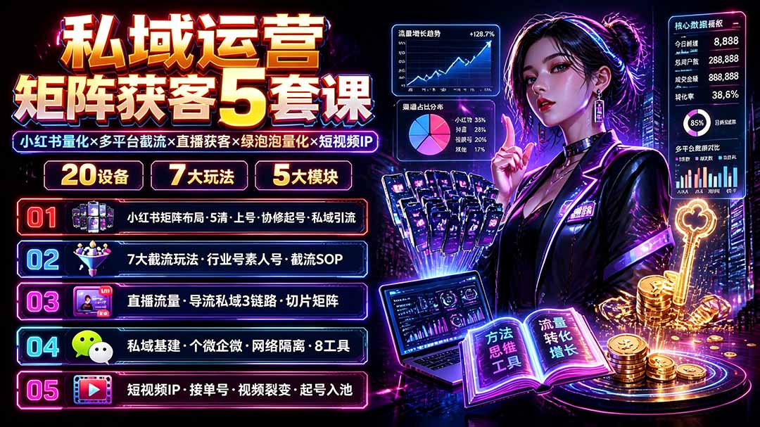 私域运营矩阵获客5套课:小红书量化×多平台截流×直播获客×绿泡泡量化×短视频IP×20设备×7大玩法-资源社