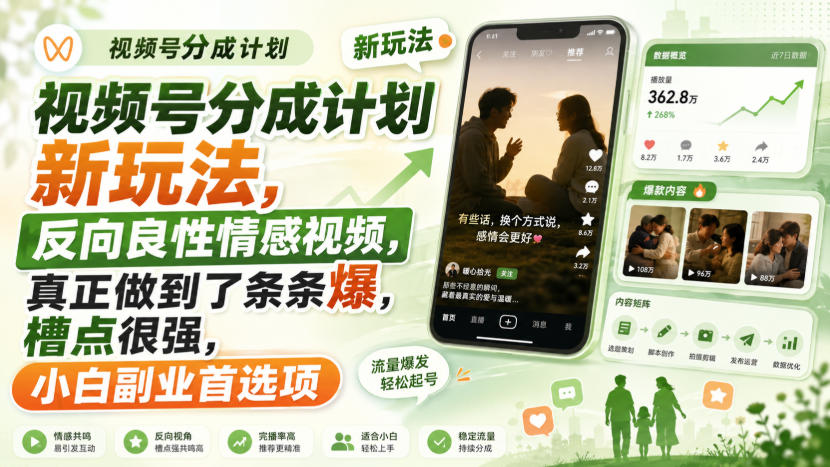 视频号分成计划新玩法,反向良性情感视频,真正做到了条条爆,槽点很强,小白副业首选项-资源社