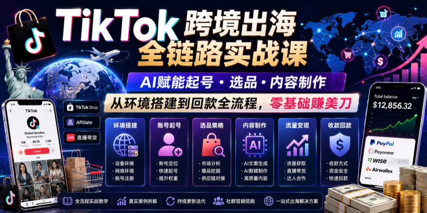 TikTok跨境出海全链路实战课,AI赋能起号・选品・内容制作,从环境搭建到回款全流程,零基础賺美刀-资源社