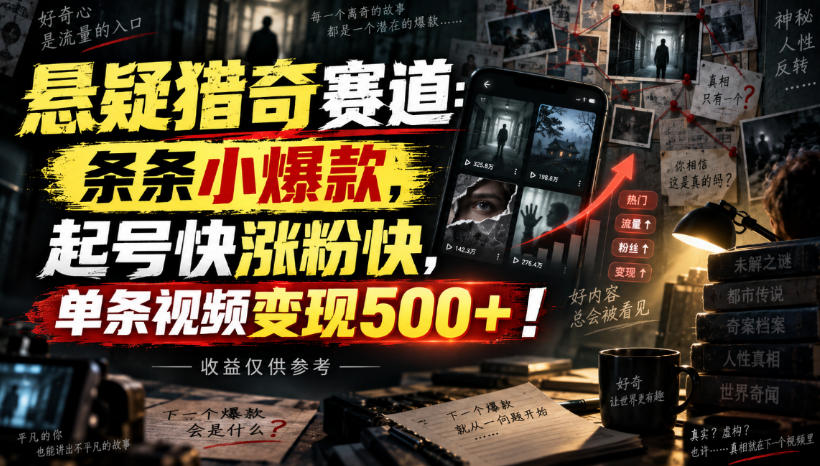 悬疑猎奇赛道:条条小爆款,起号快涨粉快,单条视频变现500+!收益仅供参考-资源社