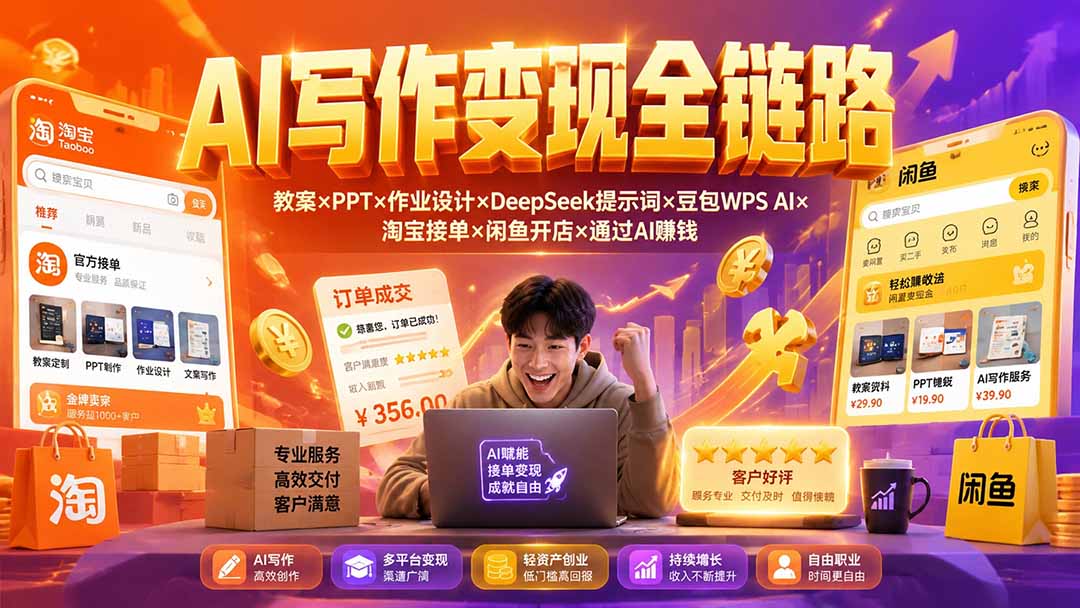 2026AI写作变现全链路：教案×PPT×作业设计×DeepSeek提示词×豆包WPS AI×淘宝接单×闲鱼开店×通过AI賺钱-资源社