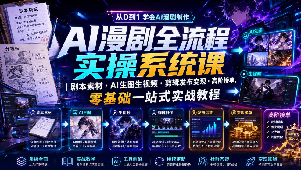 AI漫剧全流程实操系统课｜剧本素材・AI生图生视频・剪辑发布变现・高阶接单，零基础一站式实战教程(更新1027)-资源社