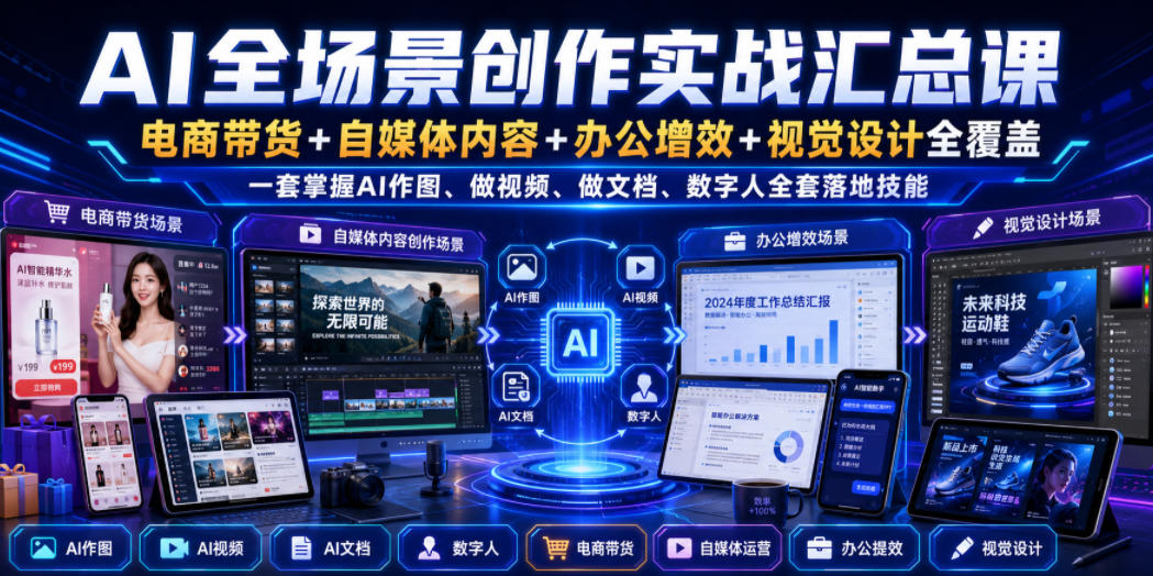AI全场景创作实战汇总课｜电商带货+自媒体内容+办公增效+视觉设计全覆盖，一套掌握AI作图、做视频、做文档、数字人全套落地技能-资源社