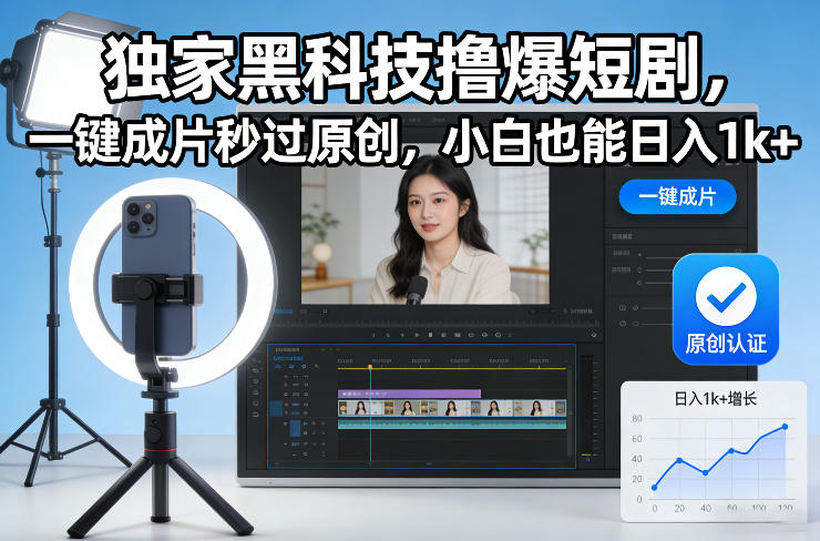 独家黑科技撸爆短剧，一键成片秒过原创，小白也能日入1k+【揭秘】-资源社