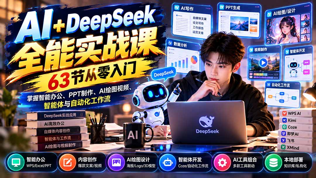 AI+DeepSeek全能实战课：63节从零入门，掌握智能办公、PPT制作、AI绘图视频、智能体与自动化工作流-资源社