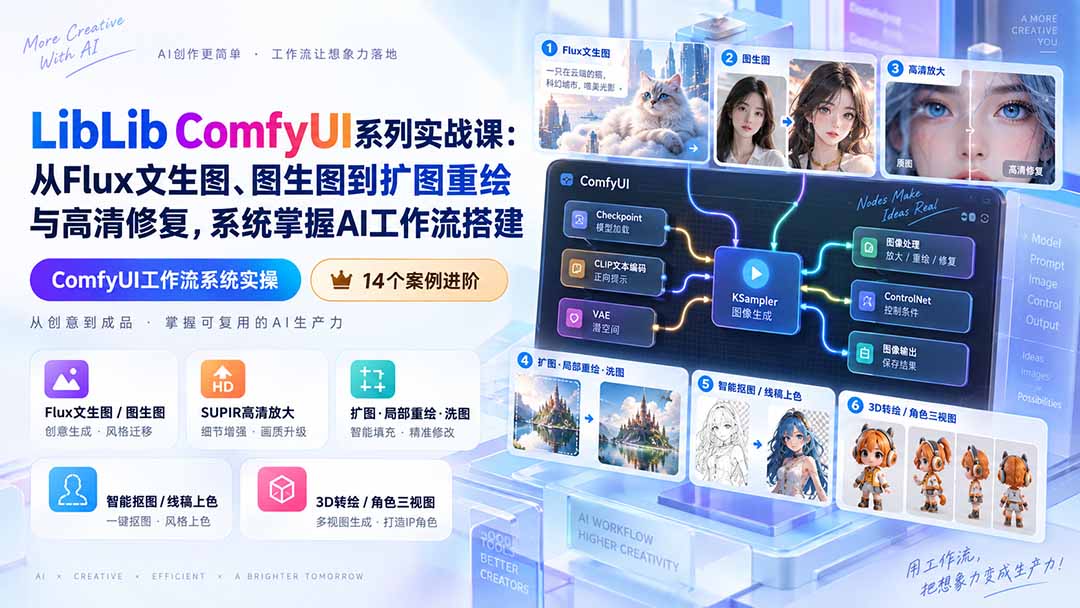 LibLib ComfyUI系列实战课:从Flux文生图、图生图到扩图重绘与高清修复,系统掌握AI工作流搭建-资源社