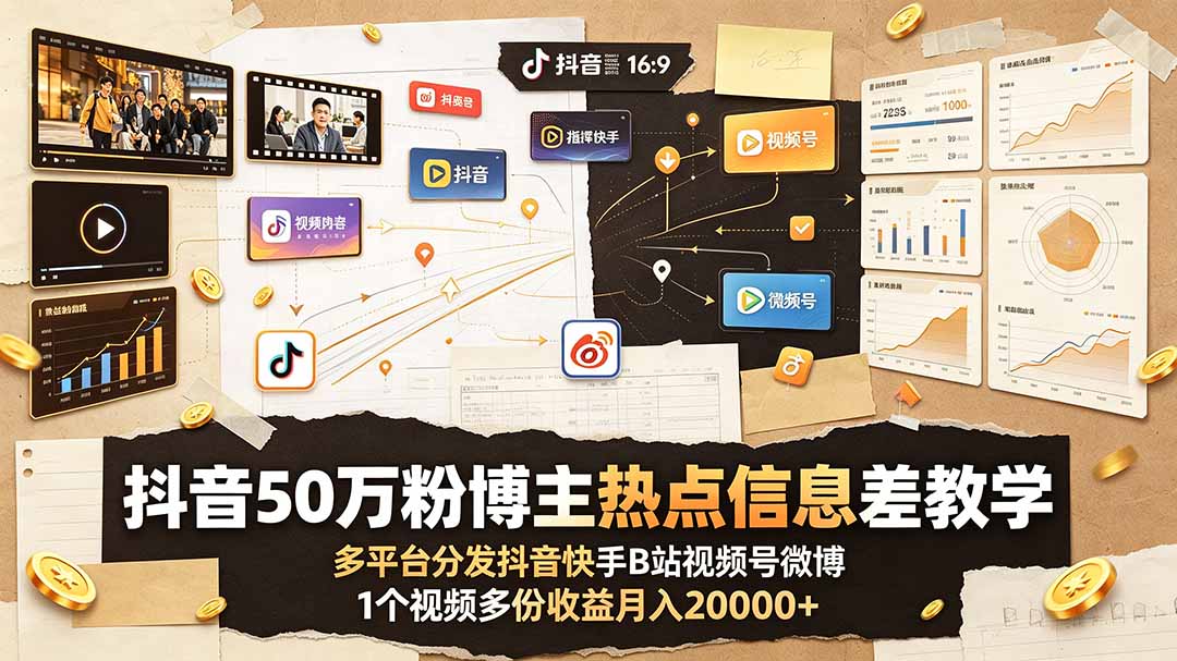 抖音50万粉博主热点信息差教学:多平台分发抖音快手B站视频号微博,1个视频多份收益月入20000+-资源社