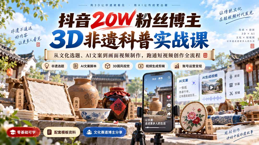 抖音20W粉丝博主3D非遗科普实战课：从文化选题、AI文案到画面视频制作，跑通短视频创作全流程-资源社