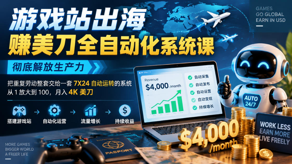 游戏站出海賺美刀全自动化系统课,彻底解放生产力--把重复劳动整套交给一套7X24自动运转的系统,从1放大到100,月入4K美刀-资源社