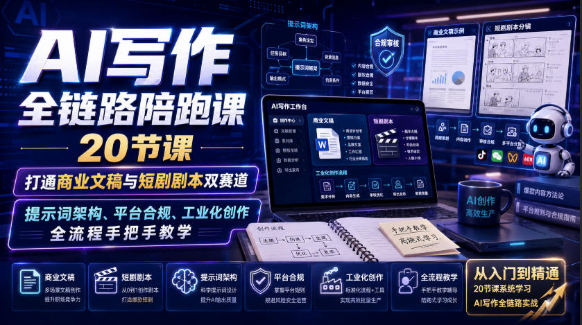 AI写作全链路陪跑课｜20节课打通商业文稿与短剧剧本双赛道，提示词架构、平台合规、工业化创作全流程手把手教学-资源社