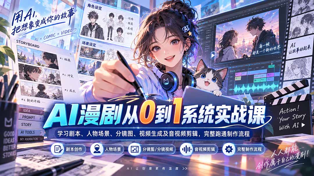 AI漫剧从0到1系统实战课:学习剧本、人物场景、分镜图、视频生成及音视频剪辑,完整跑通制作流程-资源社