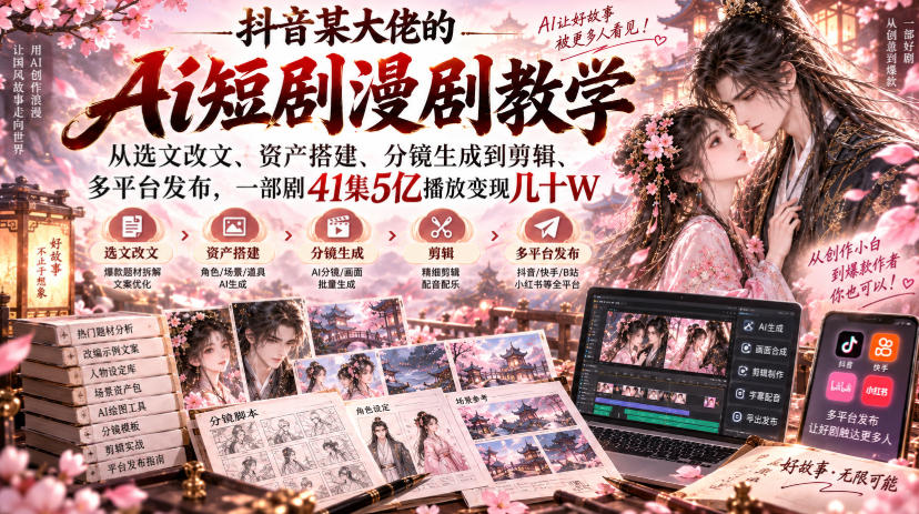 抖音某大佬的Ai短剧漫剧教学,从选文改文、资产搭建、分镜生成到剪辑、多平台发布,一部剧41集5亿播放变现几十W-资源社