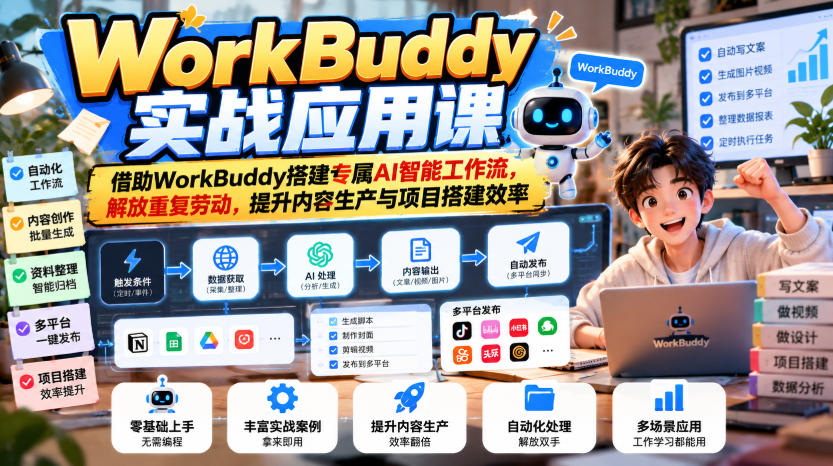 WorkBuddy实战应用课,借助WorkBuddy搭建专属AI智能工作流,解放重复劳动,提升内容生产与项目搭建效率-资源社