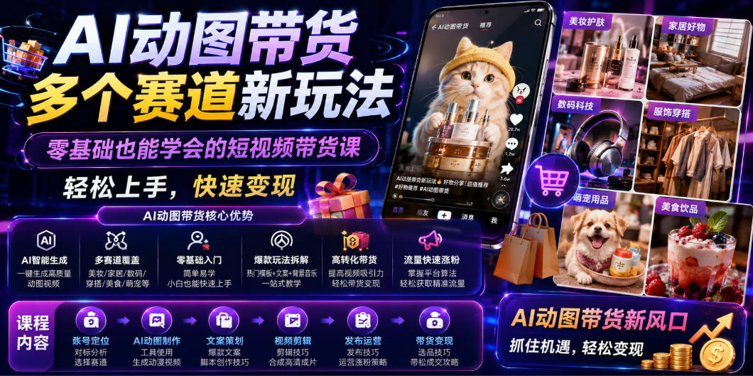 AI动图带货多个赛道新玩法，零基础也能学会的短视频带货课，轻松上手，快速变现-资源社