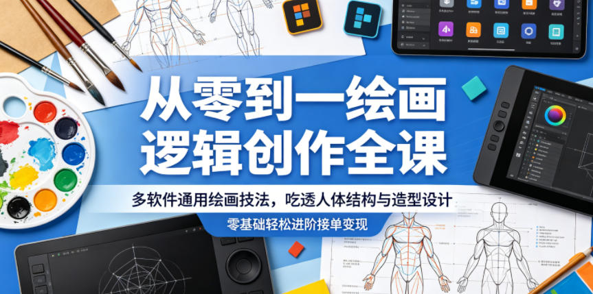 从零到一绘画逻辑创作全课，多软件通用绘画技法，吃透人体结构与造型设计，零基础轻松进阶接单变现-资源社