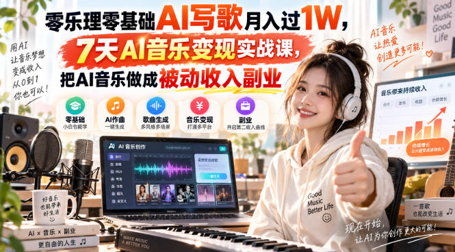 零乐理零基础AI写歌月入过1W,7天AI音乐变现实战课,把AI音乐做成被动收入副业-资源社