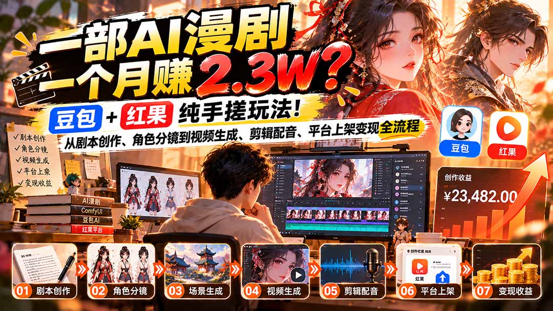 一部AI漫剧一个月赚2.3W?豆包+红果纯手搓玩法!从剧本创作、角色分镜到视频生成、剪辑配音、平台上架变现全流程-资源社