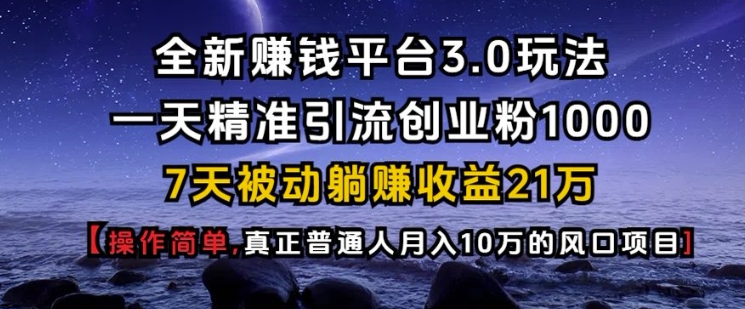 全新赚钱平台3.0玩法一天精准引流创业粉1000.7天被动躺Z收益21W【仅揭秘】-资源社