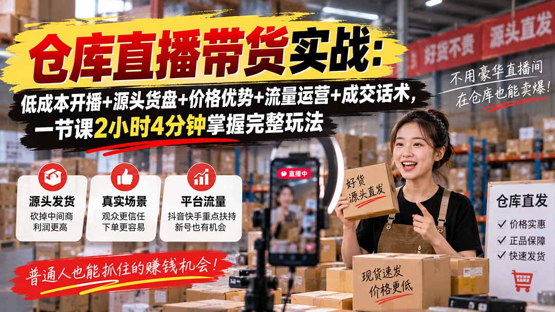 仓库直播带货实战：低成本开播+源头货盘+价格优势+流量运营+成交话术，一节课2小时4分钟掌握完整玩法-资源社
