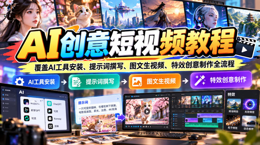AI创意短视频教程，覆盖AI工具安装、提示词撰写、图文生视频、特效创意制作全流程-资源社