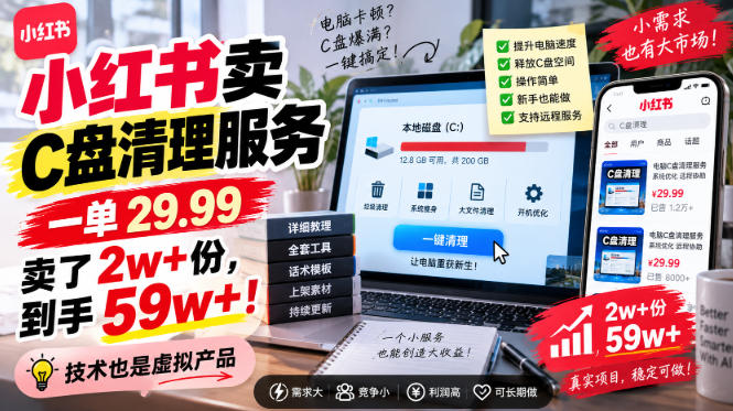 小红书卖C盘清理服务，一单29.99，卖了2w+份，技术也是虚拟产品-资源社