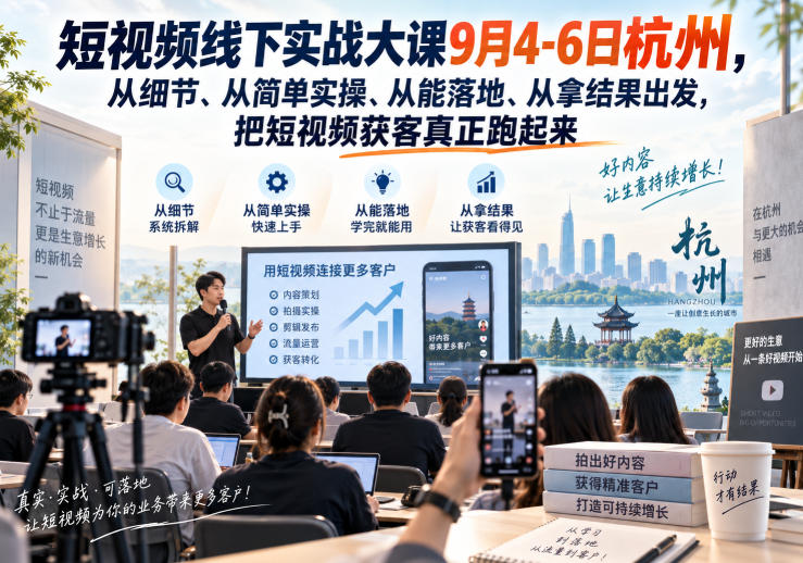 短视频线下实战大课9月4-6日杭州，从细节、从简单实操、从能落地、从拿结果出发，把短视频获客真正跑起来-资源社