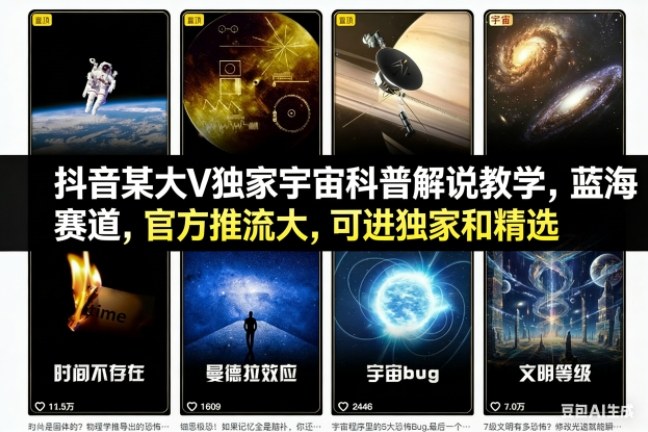 抖音某大V独家宇宙科普解说教学,蓝海赛道,官方推流大,可进独家和精选-资源社