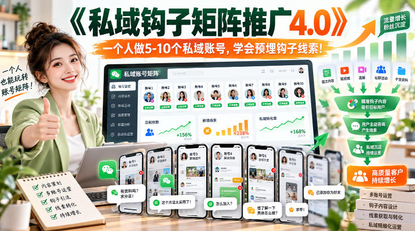 【无水印】《私域钩子矩阵推广4.0》一个人做5-10个私域账号，学会预埋钩子线索！-资源社