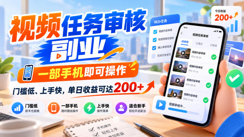 视频任务审核副业,一部手机即可操作,门槛低、上手快,单日收益可达200+【揭秘】-资源社