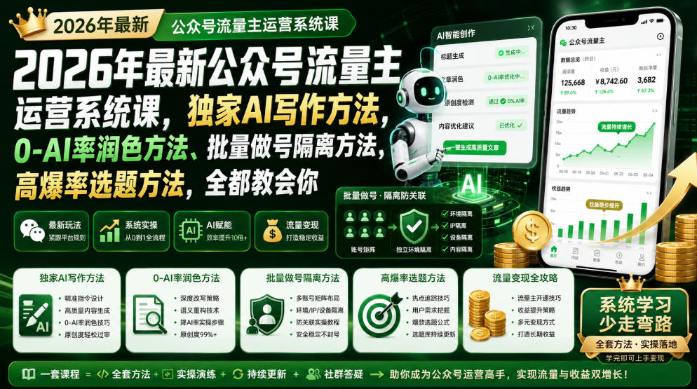 2026年最新公众号流量主运营系统课,独家AI写作方法,0-AI率润色方法、批量做号隔离方法、高爆率选题方法,全都教会你(更新1009)-资源社